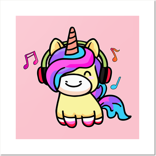 Happy smiling baby unicorn with headphones. Kawaii cartoon Wall Art by SPJE Illustration Photography